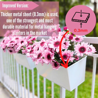 LaLaGreen Outdoor Rail Planter (6 Pack, 16 Inch) Large White Metal Strawberry Wall Hanging Planters, Balcony Deck Railing Fence Succulent Herb Rectangular Plant Holder Outside Patio Porch Decoration