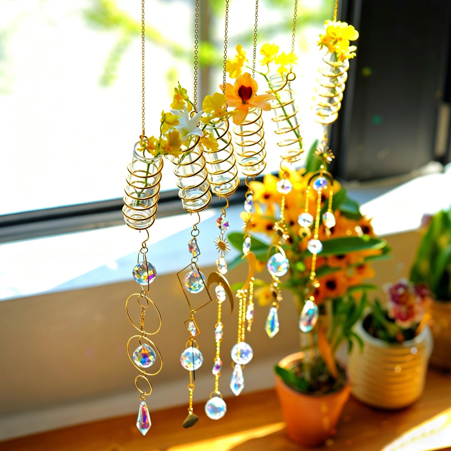 HDCRYSTALGIFTS 6 Pcs Crystal Suncatchers with Plant Propagation Station,Glass Window Wall Planters for Indoor Plants Hydroponics, Hanging Sun Catcher with Chain for Home Garden Whimsical Decor