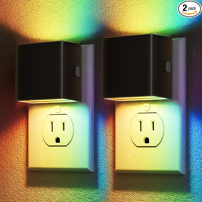 DORESshop LED Night Lights Plug into Wall [2 Pack], Plug in Nightlight, RGB Color-Changing Night Light, Dusk to Dawn Sensor, Nightlights for Adults, Bedroom, Bathroom, Hallway
