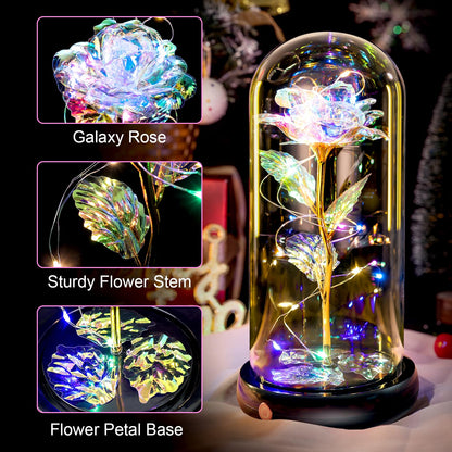 Mothers Day Flowers Gifts for Mom Women Birthday Gift, Rechargeable Galaxy Glass Rose in Glass Dome Forever Crystal Rose Anniversary Mother's Day Roses Gifts for Daughter Wife Women Grandma Rainbow