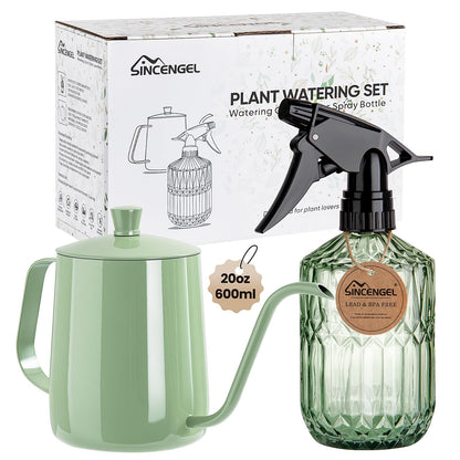 Sincengel Watering Can for Indoor Plants, 20 oz Metal Small Plant Watering Can with Long Spout for House Plants, 13.5 oz Glass Plant Mister Spray Bottle for Bonsai Garden Flowers Decorative (Green)