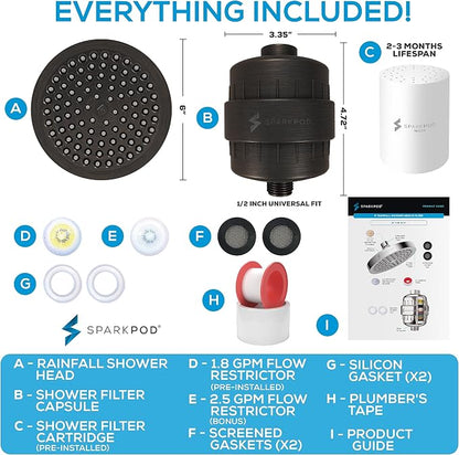 SparkPod 23-Stage Filtered Shower Head, 6" Round, Oil-Rubbed Bronze | Filtered Shower Head for Hard Water Filter, High Pressure, Reduces Chlorine, Heavy Metals, For Dry Skin & Hair