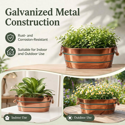 Zonon 3 Pack Galvanized Tub with Handles 17/12/10 Inch Large Metal Planter Set for Indoor Outdoor, Stackable Rustic Retro Flower Pots with 4 Drainage Holes