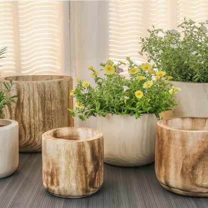 CYS EXCEL 8.25'' Burnt Finish Cylinder Planter Lightweight Natural Wood Cachepot for Indoor Plants, Succulents, Herbs, Home & Office Decor