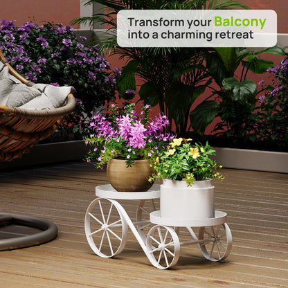 Cute Plant Stand Indoor Outdoor 2-Tier Metal Heavy Duty Flower Pot Holder with Decorative wagon wheels, Multi-Use Planter Display Rack Shelf for Garden Patio Balcony Living Room Corner (White)