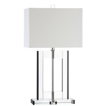 JONATHAN Y 26" Clear and Black Crystal Table Lamp, Modern Geometric Glam Glass Lamp with White Linen Drum Shade for Living Room Bedroom Nightstand, LED Bulb Included JYL2015A