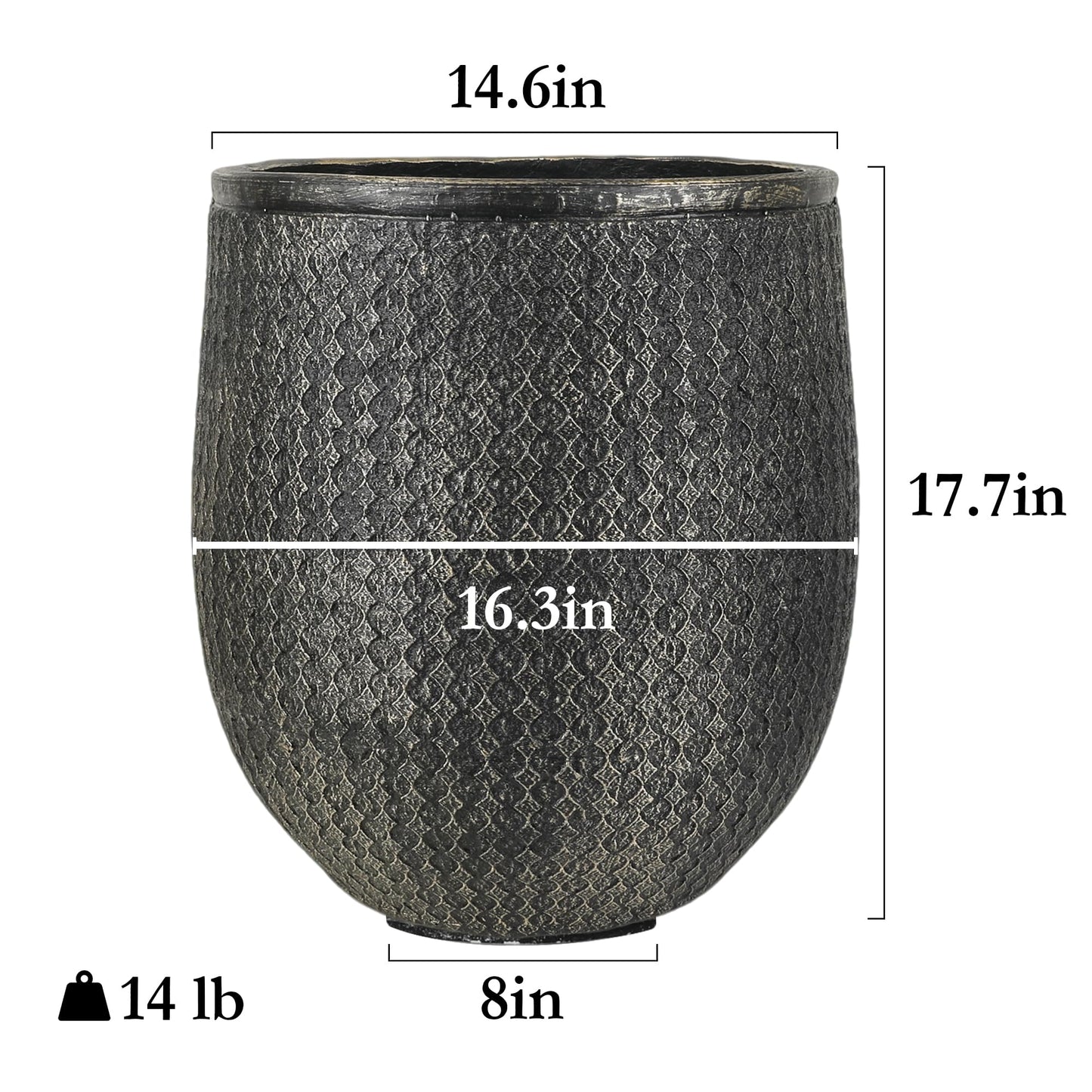 Worth 14.5" Round Planter, Lightweight Magnesium Oxide Cement Plant Pot, Raised Pattern Concrete Look with Drainage Hole for Indoor/Outdoor Use, Black