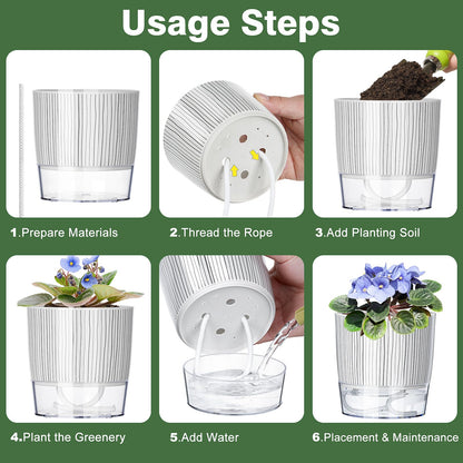 Samhe 6 Pack Self Watering Pots for Indoor Plants, 4+5.5+6.3 Inch Self Watering Plant Pots Set, Flower Pots with Wick Rope and Reservoir for African Violet, Spider Plant, Orchid