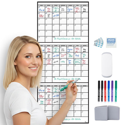 3 Month Dry Erase Calendar for Wall 40x17, Large Three Monthly Reusable Planner, Big Dry Office Erase, Rolled Whiteboard White Board, Classroom Calendar Undated Giant for Wall Erasable Family