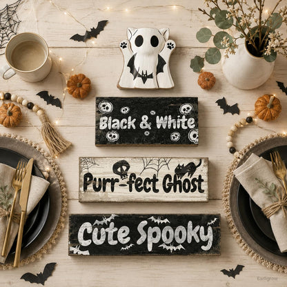 4 Pcs Ghost Cat Halloween Decor Black and White Halloween Tiered Tray Decorations Cute Spooky Rustic Wooden Blocks with Skull Bats Spider Webs Farmhouse Table Centerpiece for Home Office Desk Shelf Mantel Coffee Bar