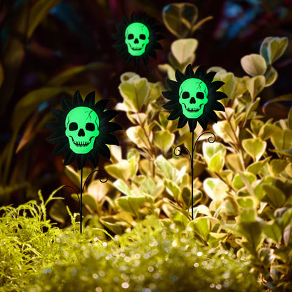 Glitzhome Set of 3 Glow in Dark Halloween Sunflower Skulls Metal Yard Stake, 24" Metal Yard Sign or Wall Decor for Outdoor