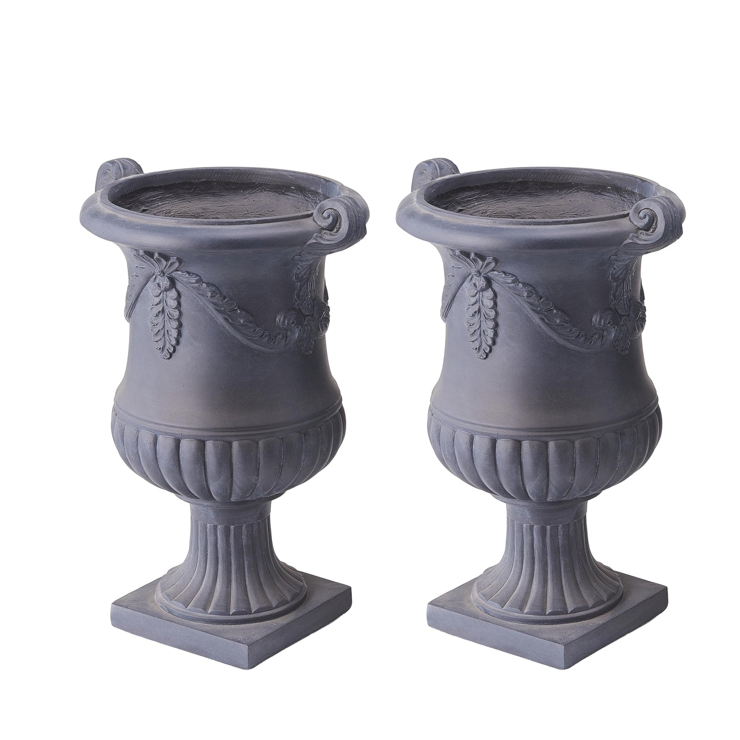 Christopher Knight Home Gary MGO Round Planters Set of 2, Outdoor Flower Pots with Floral Relief Carvings, Classical Garden Urn with Drainage Hole, Patio Urn Planters for Garden, No Assembly, Black