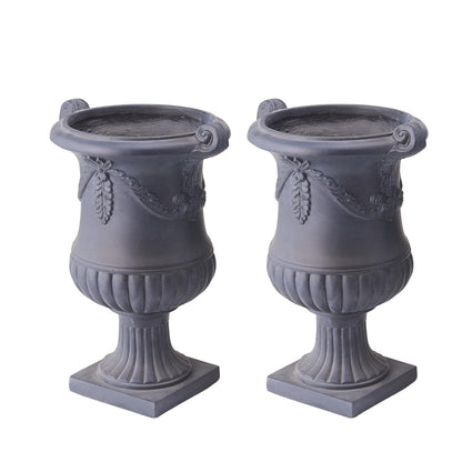 Christopher Knight Home Gary MGO Round Planters Set of 2, Outdoor Flower Pots with Floral Relief Carvings, Classical Garden Urn with Drainage Hole, Patio Urn Planters for Garden, No Assembly, Black