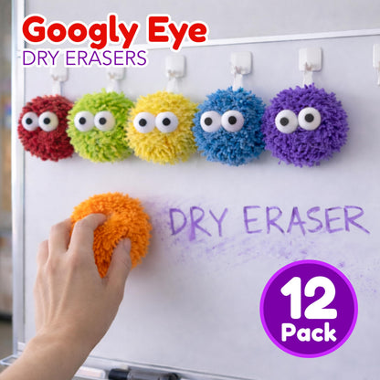 4E's Novelty 12 Pack Googly Eye Dry Erase Board Erasers Bulk - Microfiber Shag Washable Multicolor Whiteboard Erasers for Teachers Kids, Back to School Classroom Supplies School Essential