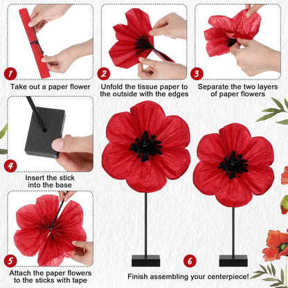 Amyhill 6 Pcs Artificial Red Poppy Flowers Table Centerpiece with Wooden Base Poppy Paper Flowers for Veterans Day Home Office Witch Theme Party Decor Supplies Photography Props
