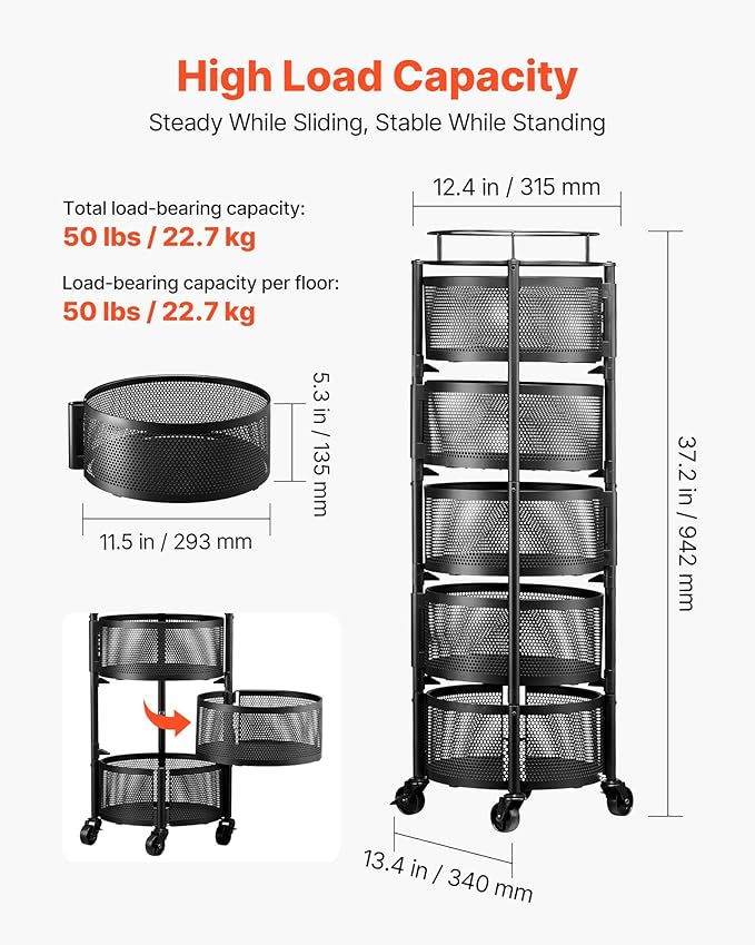 VEVOR Rotating Storage Rack Cart, 5 Tier Fruit and Vegetable Basket Bowls, Heavy Duty Wire Basket Organizer on Wheels, Large Capacity Stand with Metal Top Lid, for Kitchen Bathroom Nursery, Black