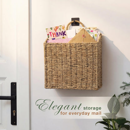 Set of 2 Wicker Hanging Basket for Organizing, Front Door, Mail, Flowers - Woven Wall Baskets for Storage (Natural Seagrass)