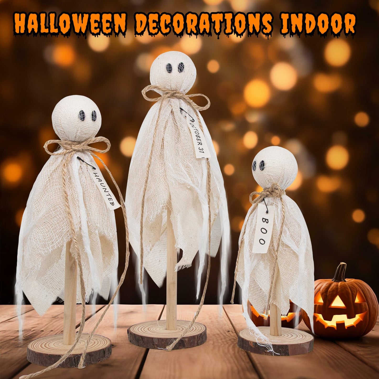 Wooden Ghost Halloween Decorations Indoor– Set of 3 Sizes Rustic Shelf Sitters with Fabric Ghost Figures – Halloween Table Decor for Tiered Tray, Mantel, Halloween Party Supplies（White）