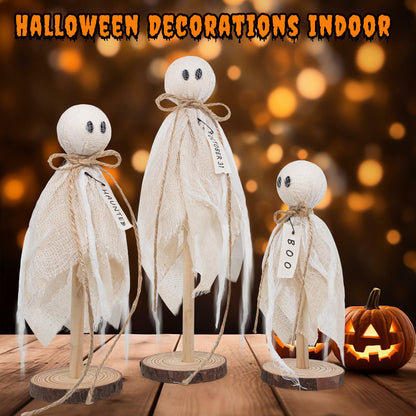 Wooden Ghost Halloween Decorations Indoor– Set of 3 Sizes Rustic Shelf Sitters with Fabric Ghost Figures – Halloween Table Decor for Tiered Tray, Mantel, Halloween Party Supplies（White）