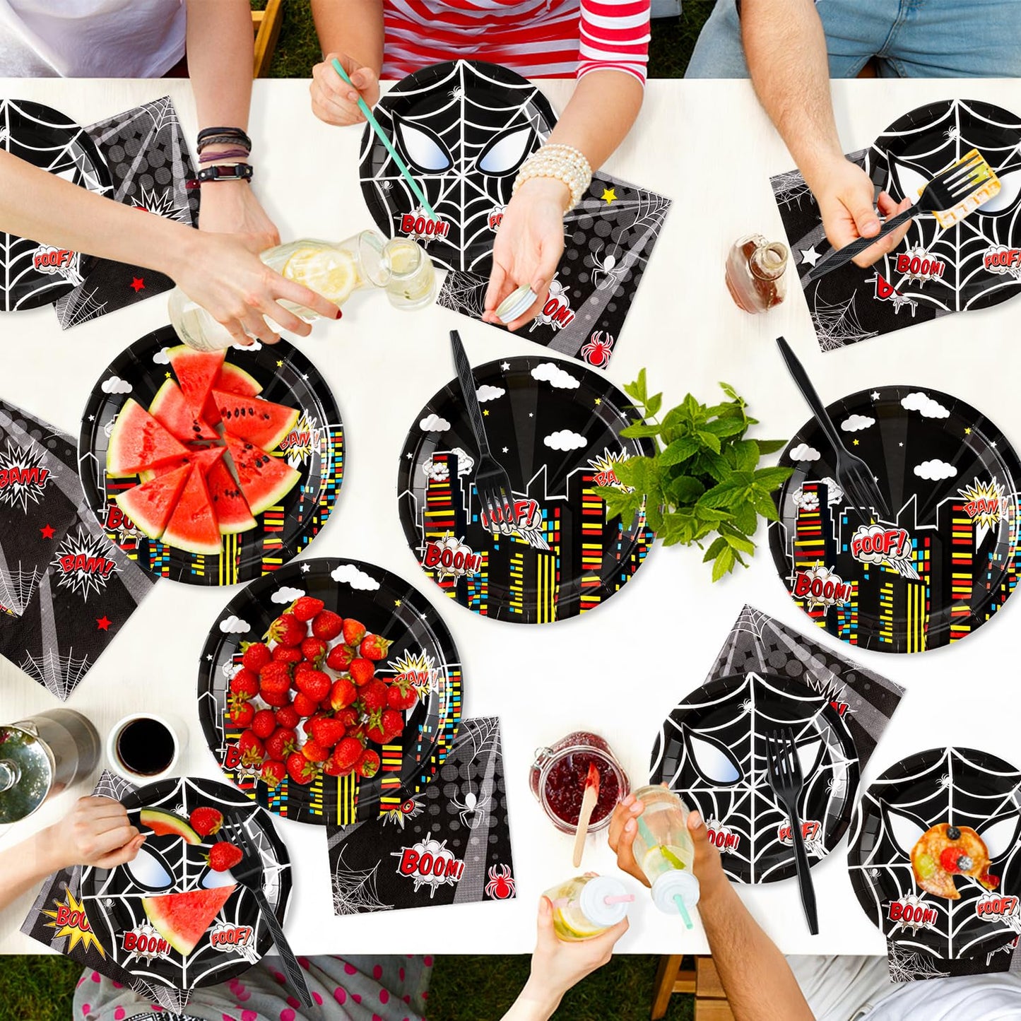 Andi Cppss Black Spider Birthday Party Supplies - 96PCS Black Spider Birthday Party Plates and Napkins Forks Disposable Tableware Birthday Parties Table Dinnerware Baby Shower Plates Serve 24 Guests