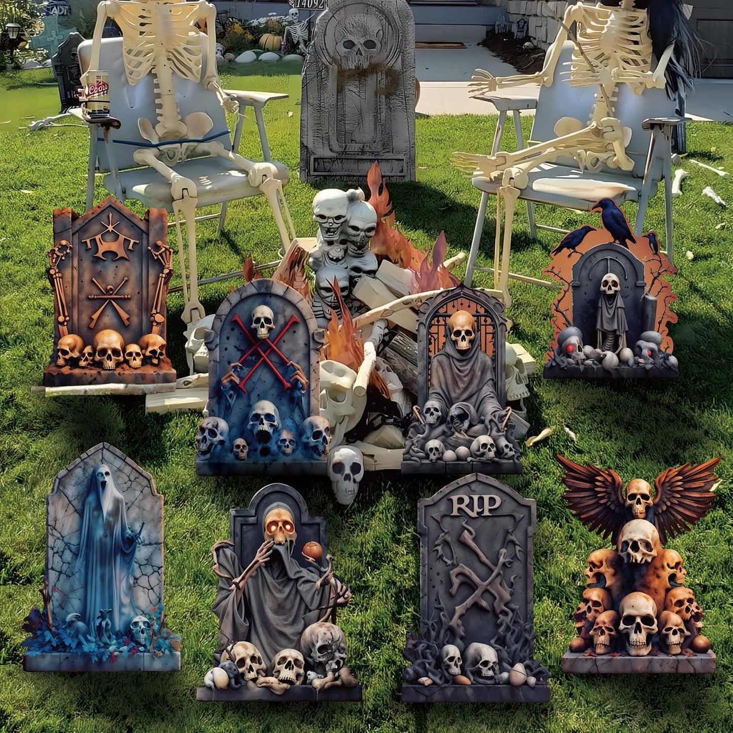 BoGlow Haven 17 Inch Halloween Tombstone Decorations Outdoor - Waterproof Grave Yard Signs with Fiberglass Stakes, Spooky Decor (8-Pack)