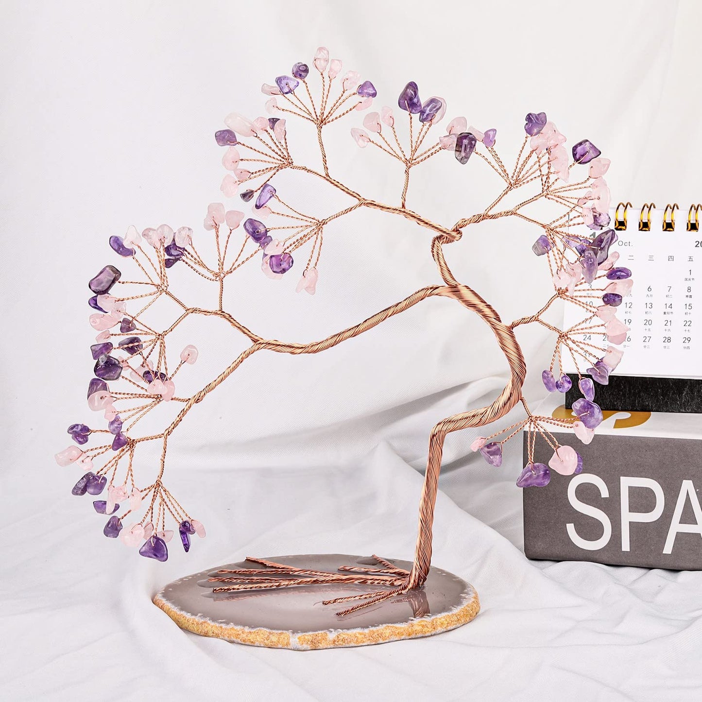 mookaitedecor Natural Amethyst & Rose Quartz Crystal Tree with Agate Slice Base, Feng Shui Money Tree Bonsai Sculpture for Home Office Altar Table Decoration 7-8 Inch