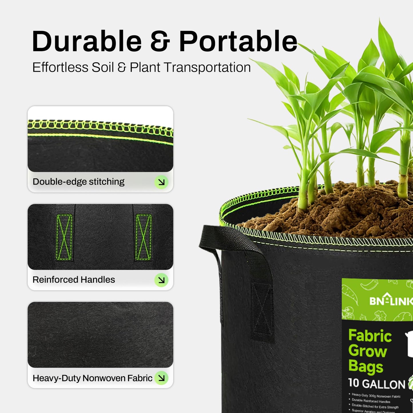 BN-LINK 5-Pack 5 Gallon Grow Bags, Heavy Duty Aeration Fabric Pots with Handles, Thickened Nonwoven Plant Bags for Vegetables, Flowers, Fruits