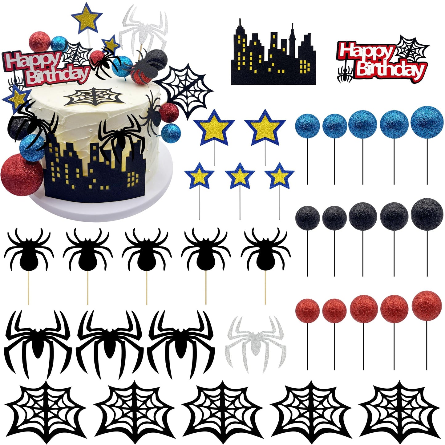 Firleayo 36pcs Spider Cake Topper Spider Web Cake Decoration Spider Themed Cake Decorations Glitter Red Blue Black Balls City Star Cupcake Topper for Boys Men Birthday Party Baby Shower Supplies