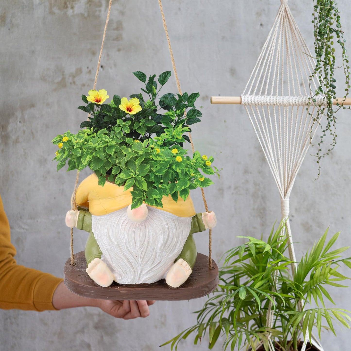 Tyenaza Swing Planter Pot, Hanging Planter Faceless Gnome Flowerpot Resin Hanging Planter for Use Weather Resistant Garden Decor Dwarf Figurine (Yellow Green)