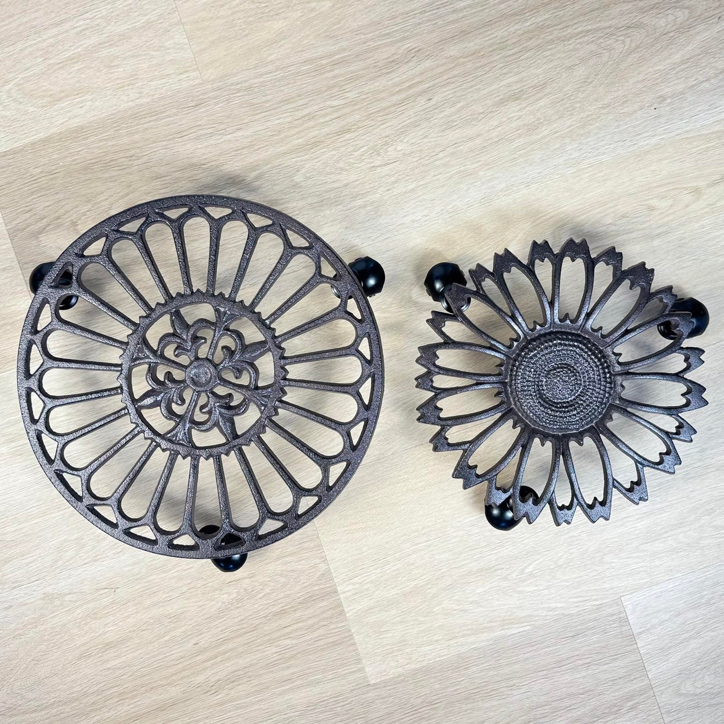 2 Pack Heavy-Duty Cast Iron Plant Caddy - 12" Rust Brown Ornamental Cast Iron Plant Stand with Wheels, Petal-Design Moveable Planter Holder for Indoor Outdoor Garden Patio Decor HC1511
