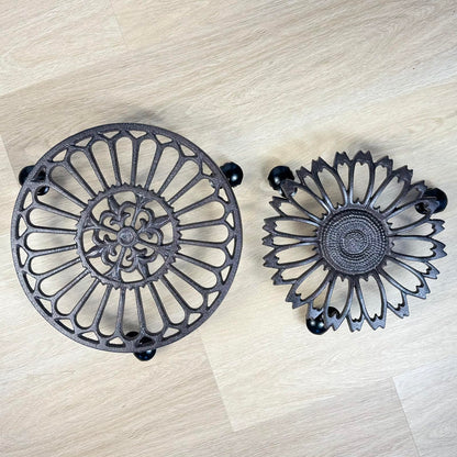2 Pack Heavy-Duty Cast Iron Plant Caddy - 12" Rust Brown Ornamental Cast Iron Plant Stand with Wheels, Petal-Design Moveable Planter Holder for Indoor Outdoor Garden Patio Decor HC1511