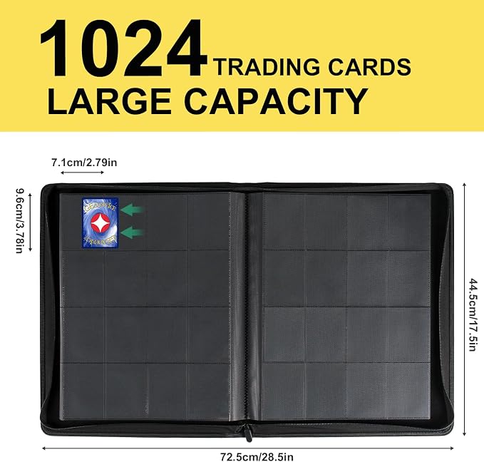 GEAoffice 16 Pocket Trading Card Binder for 1000+ Cards, Ringless Side-Loading 4x4 Card Binder with Zipper Closure, PU Leather 1024 Card Binder for MTG/TCG/Baseball/Sports&Game Cards, Yellow