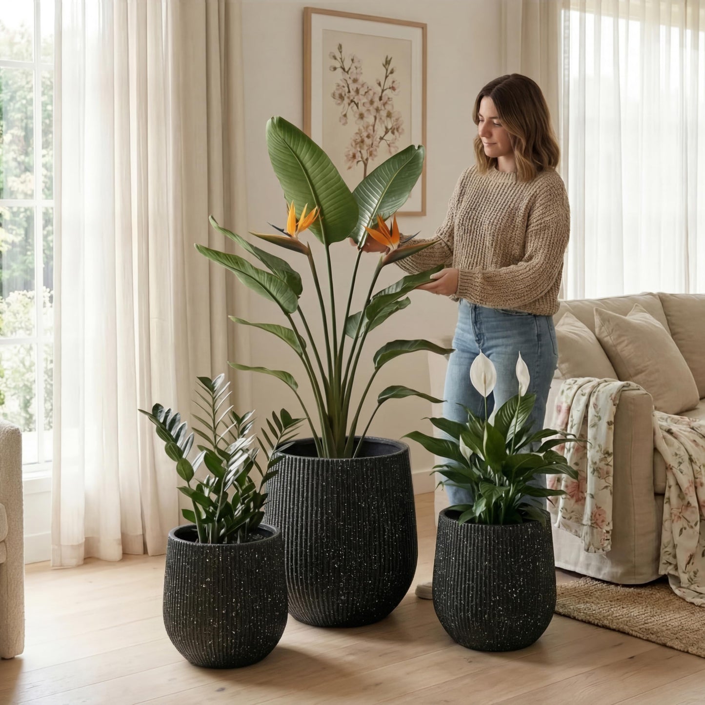 DTY Premium Mt Wilson Tall Tapered Fiberstone Planter for Indoor Outdoor Use, Modern Large Olive Tree Pot with Drainage Hole, 2 Coco Mats. Ribbed Black, Medium 15'' D x 16.7” H. 11.2” Pot Opening