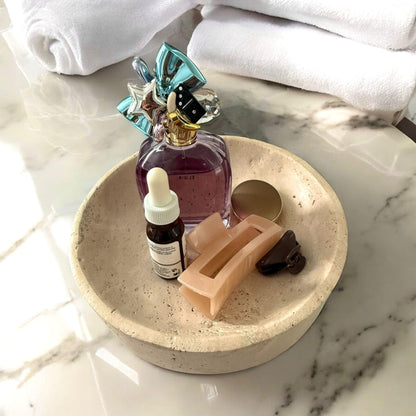 THE BIOPHILIQ Natural Travertine Stone Decorative Bowl | Handcrafted Beige Catchall Tray for Coffee Table, Entryway, Bathroom & Jewelry Storage | Modern Minimal Home Décor | Large, 7.8 inches