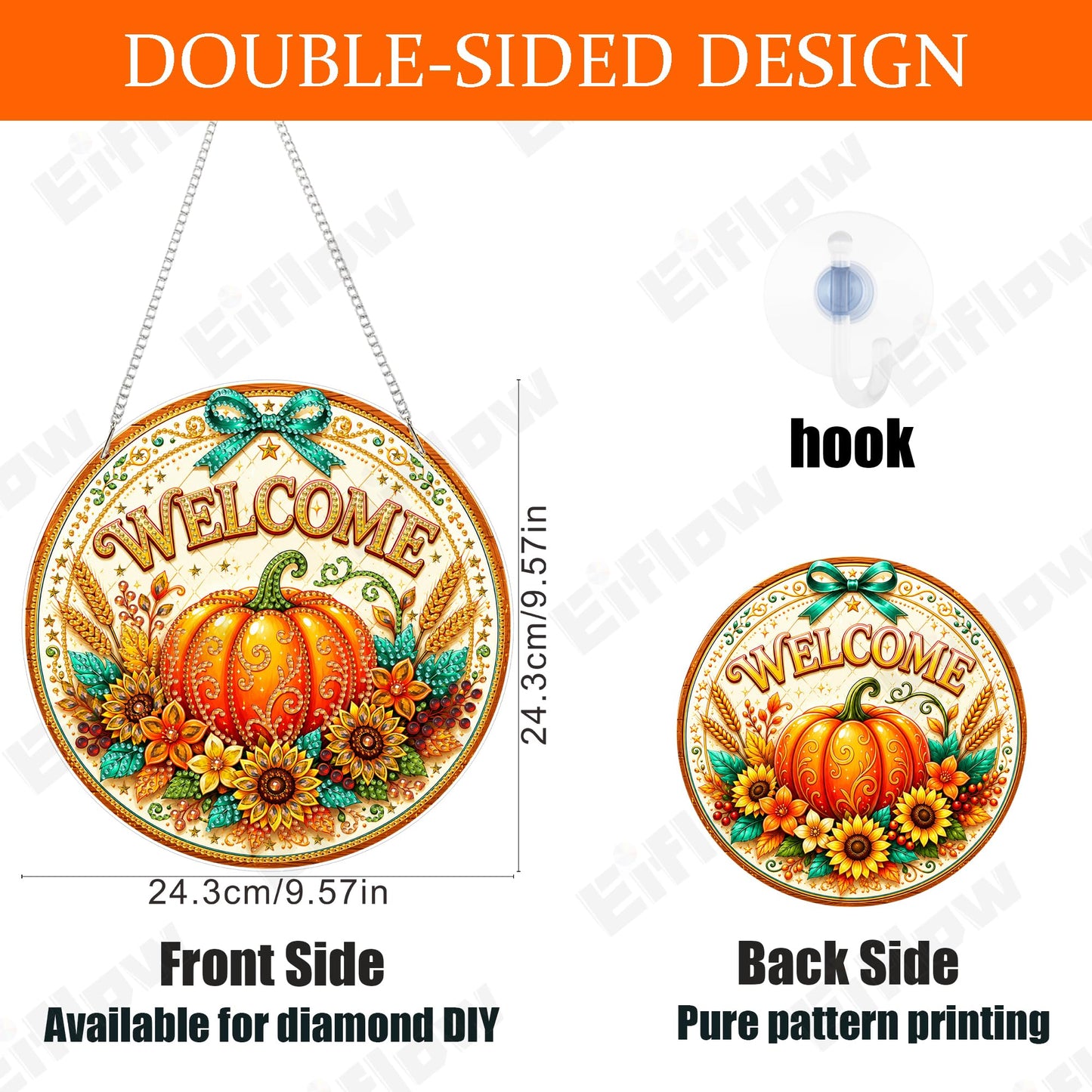 Eiflow Hanging Diamond Art Pumpkin Kit for Adults Fall DIY Acrylic Diamonds Craft Painting Ornament Kit Welcome Sign, Special Crystal Diamond Art Painting Window Wall Door Hanging Pendant