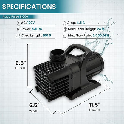HALF OFF PONDS Submersible Water Pump, 8,000 GPH Pond Pump with 100FT Power Cord and 24FT Max Head, 540W Ultra Quiet Energy Efficient Pump for Koi Pond, Fountain, Waterfall, Water Garden, Skimmer