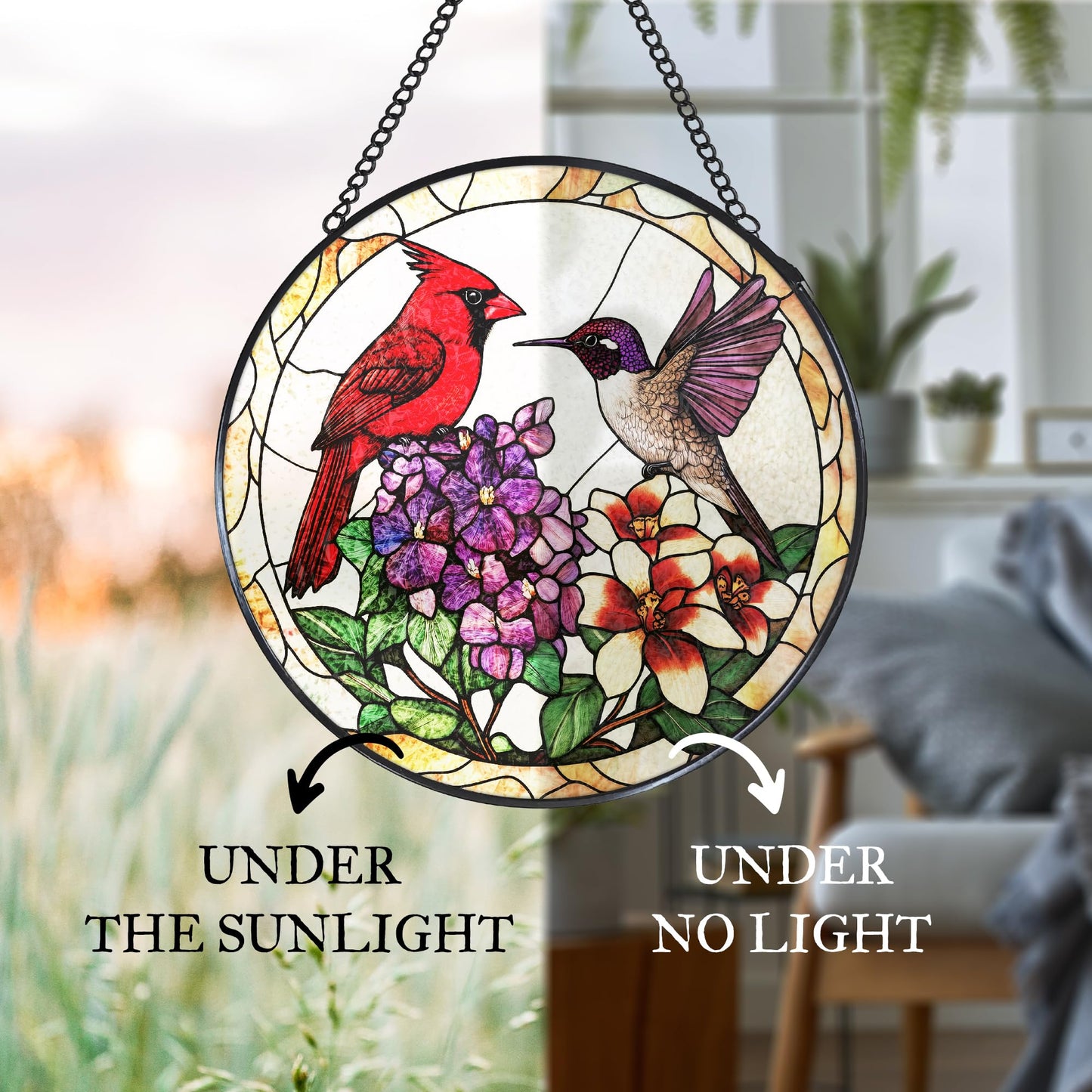 WUHSDIBC Cardinal Hummingbird Stained Glass Window Hanging Suncatcher, Flower Bird Sun Catcher Indoor Window Decor, Birds Lover Gifts Painted Glass Round Wall Hanging Decorations, 7.8x7.8 in