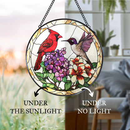 WUHSDIBC Cardinal Hummingbird Stained Glass Window Hanging Suncatcher, Flower Bird Sun Catcher Indoor Window Decor, Birds Lover Gifts Painted Glass Round Wall Hanging Decorations, 7.8x7.8 in