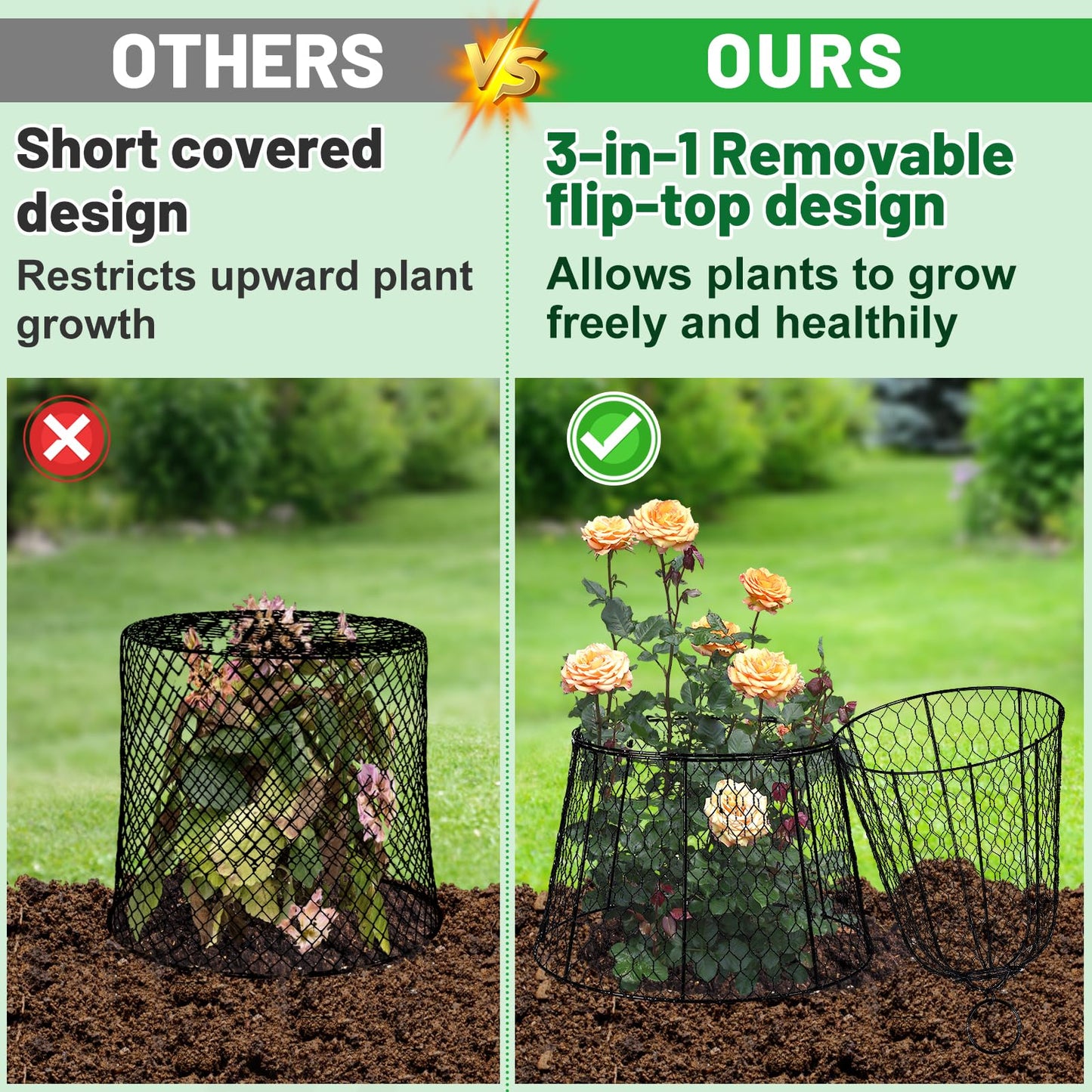 Cloche Plant Protectors from Animals - 17.3"Hx11.8"D Chicken Wire Plant Covers with Removable Flip-Top Design, Rustproof Metal Garden Cloches Keep Rabbits, Squirrels, Deers, Birds Out - 5 Pack