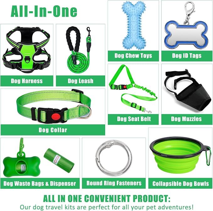 No Pull Dog Harness Adjustable Collar & Leash Set - Dog Halter Harnesses Collapsible Bowls & Poop Bag Dispenser Muzzle ID Tags Toys Fits Small Medium Large Dogs (Green-XL)