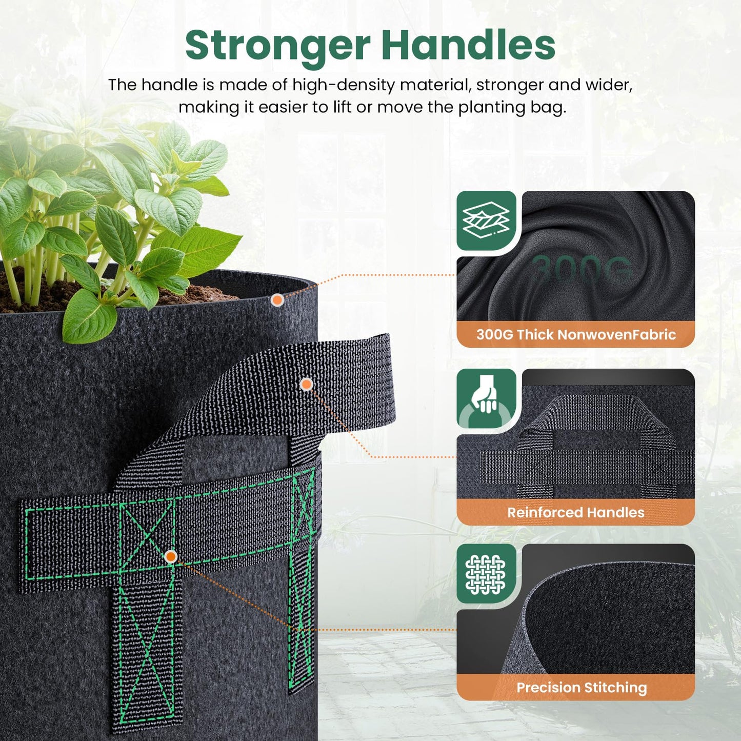 Jorvila 5 Pack 10 Gallon Grow Bags, Thickened Nonwoven Fabric Planter Pots with Handles, Heavy Duty 300G Garden Pots for Tomato, Potato and Vegetable