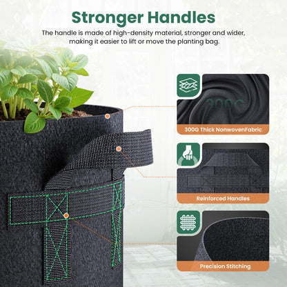 Jorvila 5 Pack 10 Gallon Grow Bags, Thickened Nonwoven Fabric Planter Pots with Handles, Heavy Duty 300G Garden Pots for Tomato, Potato and Vegetable