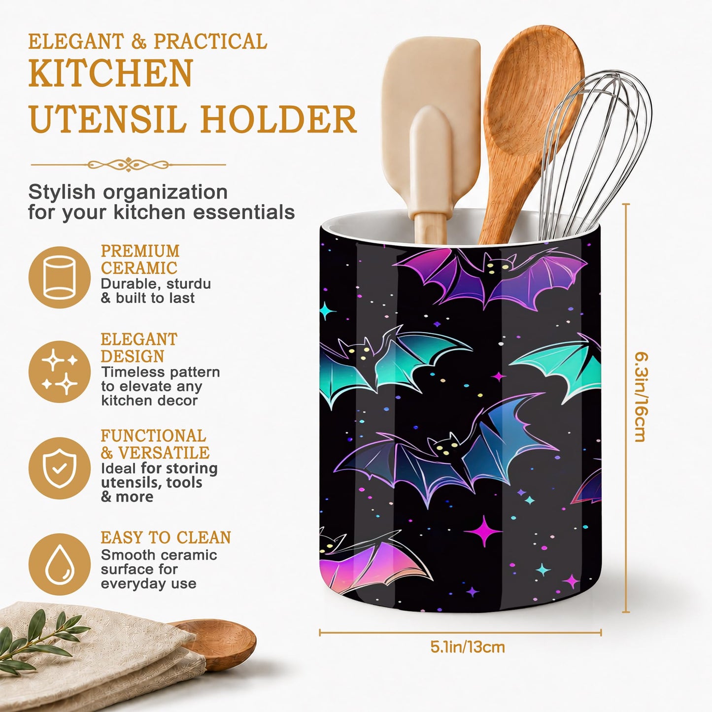 Axxitude Kitchen Utensil Holder,Magic Bat Large Ceramic Utensil Crock Organizer for Spatulas,Spoons and Cooking Tools,Kitchen,Home Decoration 6.3"