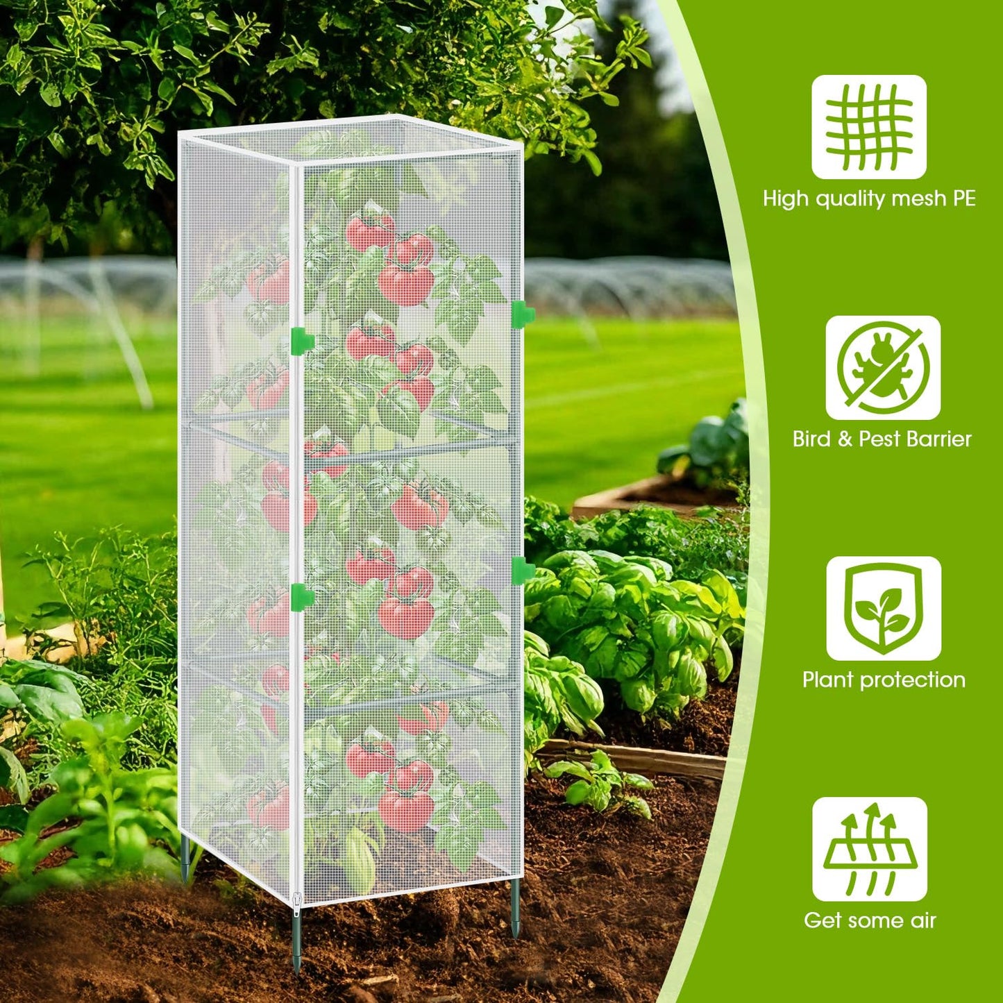 3Pack Garden Bird Netting Plant Cover for Square Tomato Cage,59"x17.7" Insect Bird Barrier Tomato Cage Net with Zipper&12pcs Clips,Tomato Trellis Netting Protection Mesh Cover for Protecting Plants