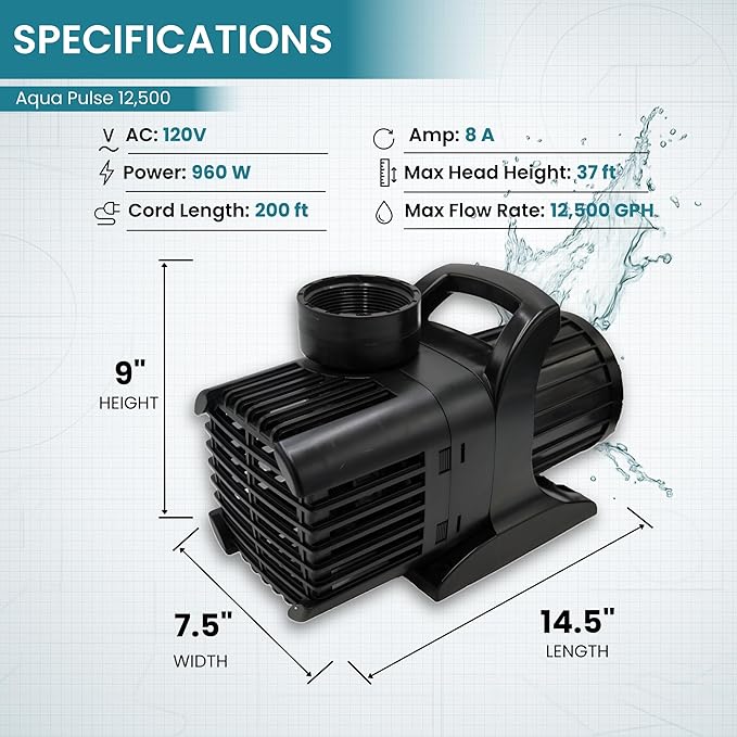 HALF OFF PONDS Submersible Water Pump, 12,500 GPH Pond Pump with 200FT Power Cord and 37FT Max Head, 960W Ultra Quiet Energy Efficient Pump for Koi Pond, Fountain, Waterfall, Water Garden, Skimmer