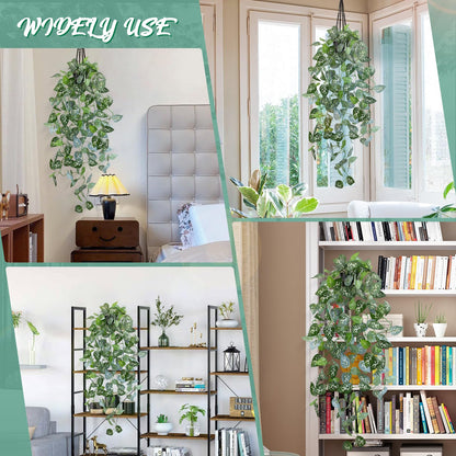 LOYWREE 39-in Long Fake Hanging Plant with Pot Faux Pothos Artificial Potted Plants Small Faux Ivy Vine Plant for Indoor Outdoor Aesthetic Office Living Room Shelf Decor (Black Pot)