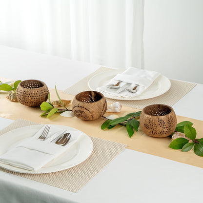 Restaurantware - Coco Casa 4 x 3.3 Inch Coconut Shell Candle Holders, 1 Reusable Tealight Candle Holders - Candle Not Included, Geometric Pattern, Tan Coconut Bowls for Candles, Handcrafted