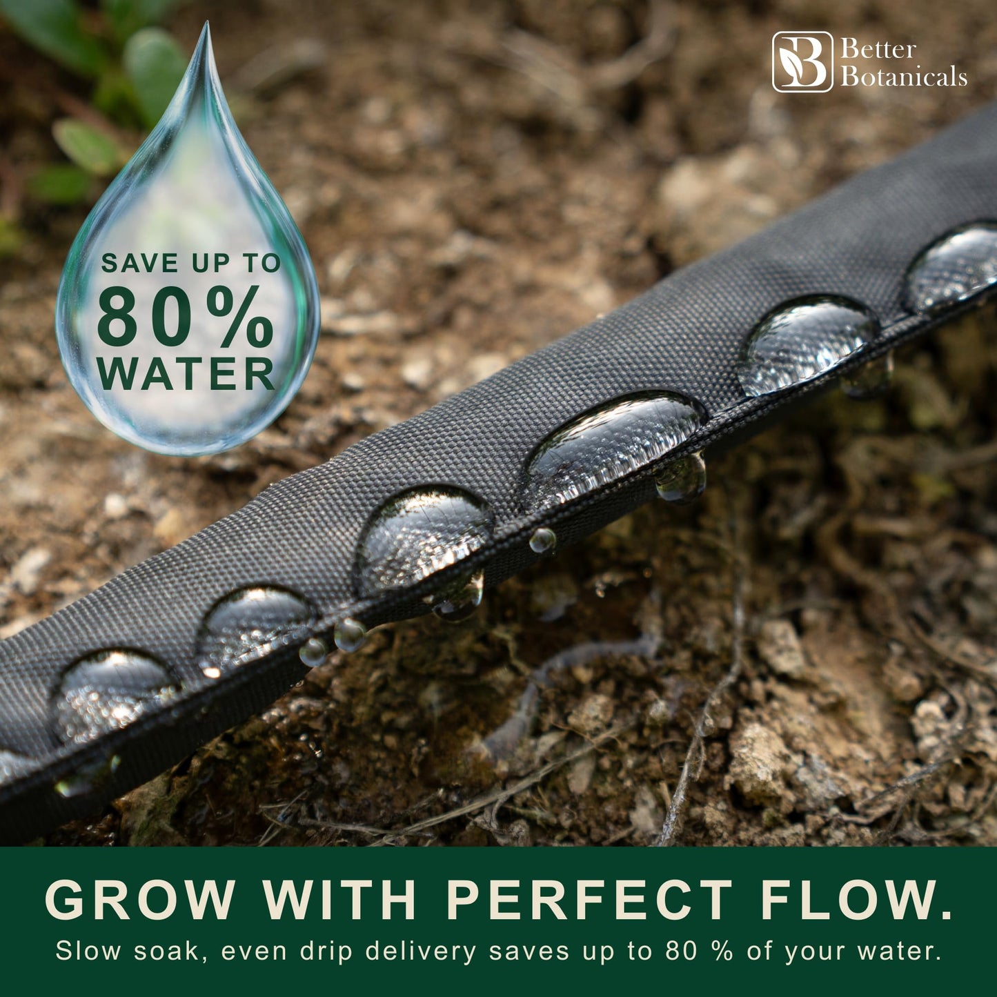 Better Botanicals 100 FT Flat Soaker Hose (2 x 50 FT) – Drip Irrigation for Garden Beds, Raised Beds & Landscaping – Kink-Resistant, Even Watering, Includes 16 Steel Stakes & Storage Straps