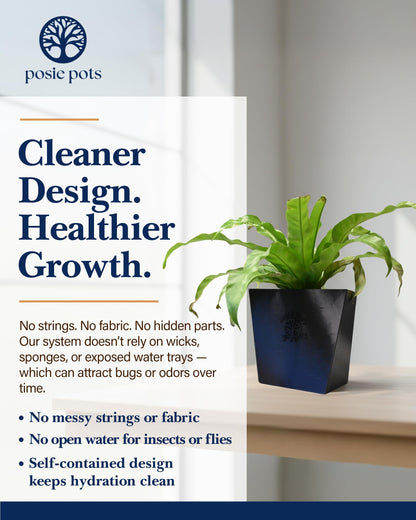 POSIE3DPRINTS Posie Pot Medium Twisted Square - Self Watering Planter 5x5 Inch - Indoor Plant Pot with 30 Day Reservoir - 3D Printed Bioplastic - No Guilt Plant Care - Made in USA, Black