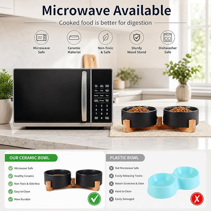 Petygooing Dog Bowls,Black Ceramic Cat Dog Bowl Set with Wood Stand for Pet Food and Water,Non-Slip Cute Modern Pet Dish Set for Cats Small and Medium Dogs (28OZ/6.1 in)